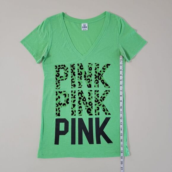PINK Victoria's Secret Green V-neck Graphic Short Sleeve T-shirt - Picture 5 of 11
